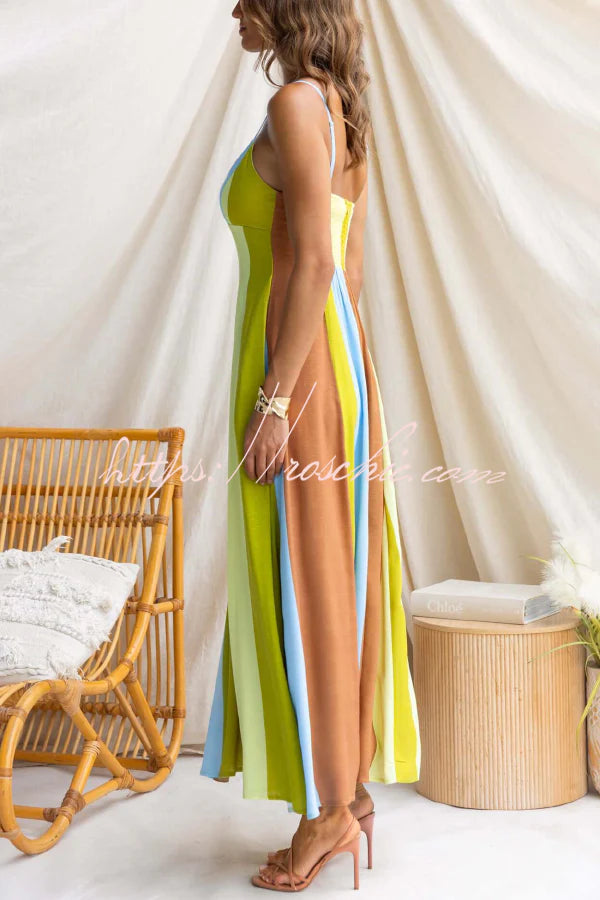 Linen Blend Color-blocked Print Suspender Sleeveless Casual Pocket Maxi Dress