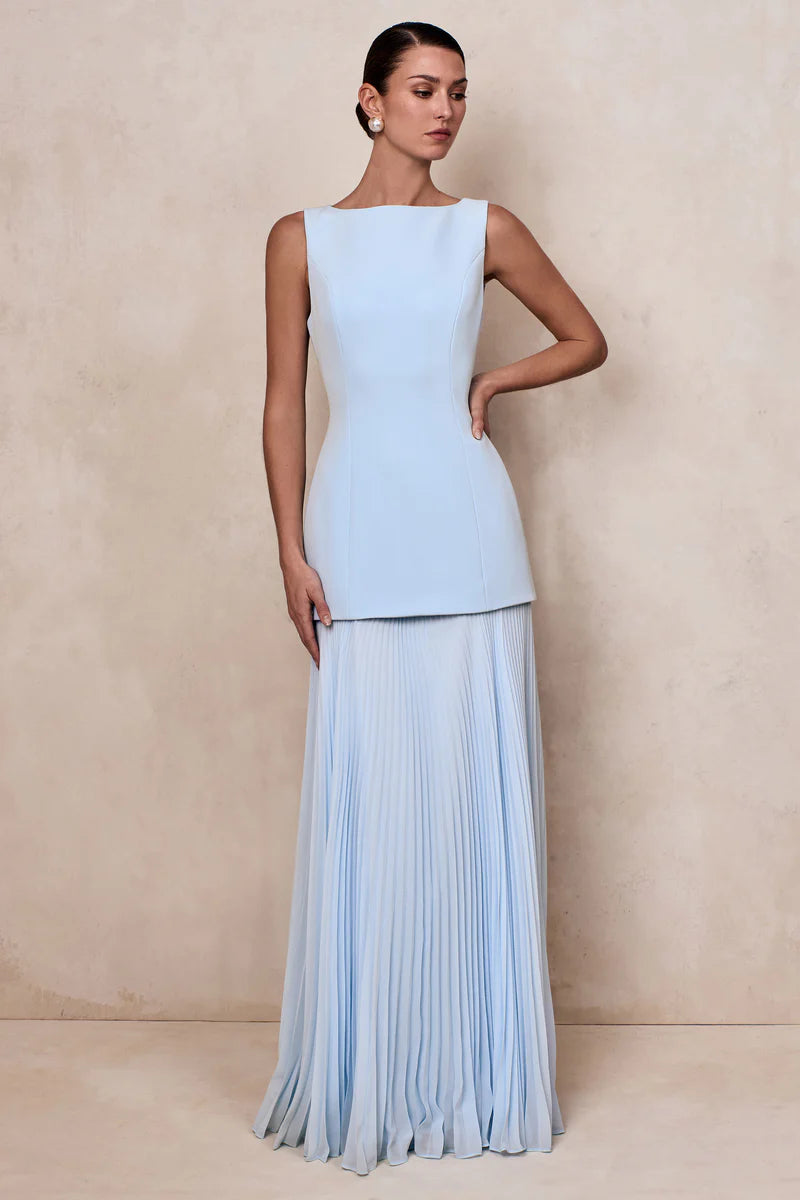 Powder Blue Boat-Neck Maxi Dress With Drop-Waist