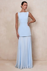 Powder Blue Boat-Neck Maxi Dress With Drop-Waist