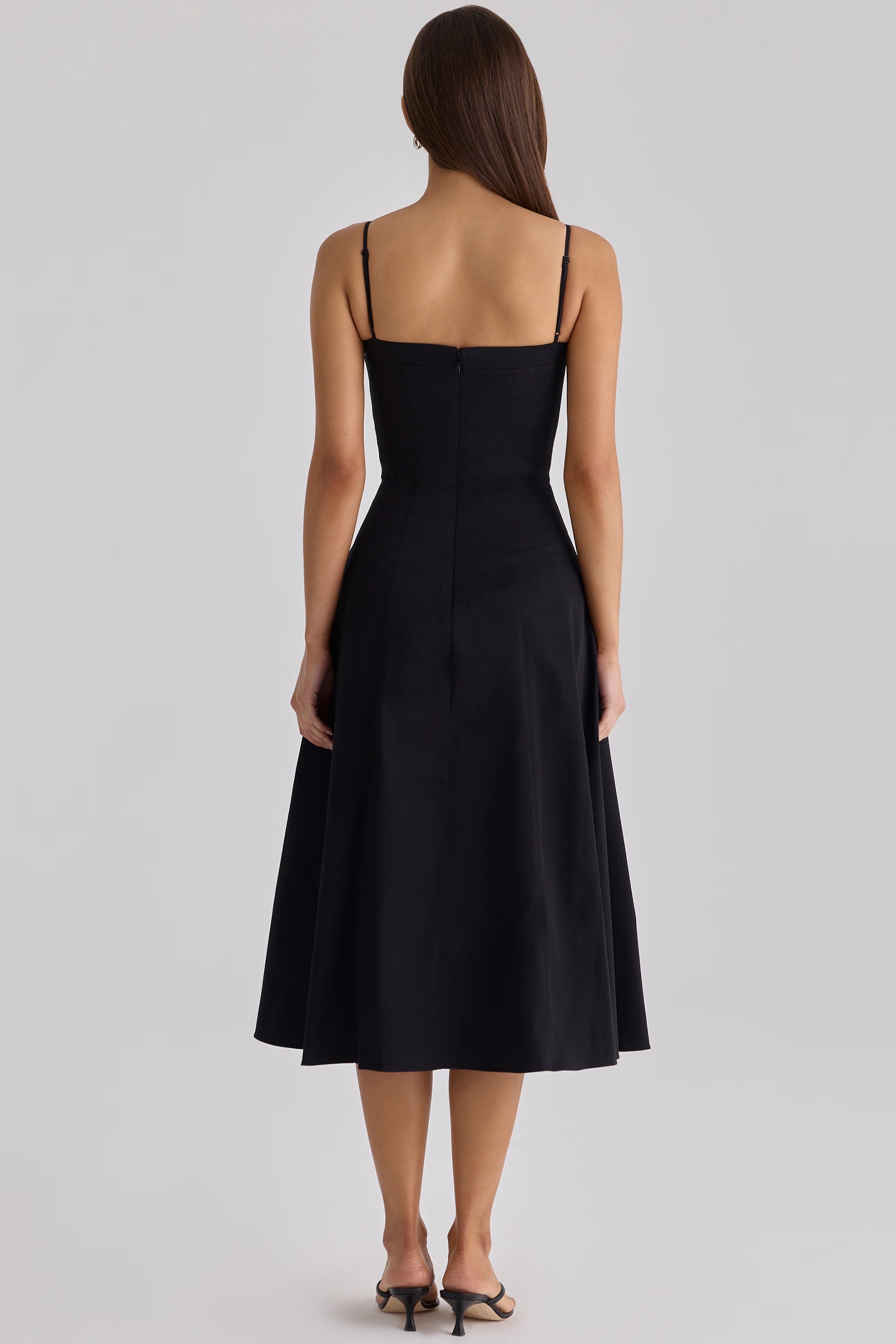 black cotton flared midi sundress
