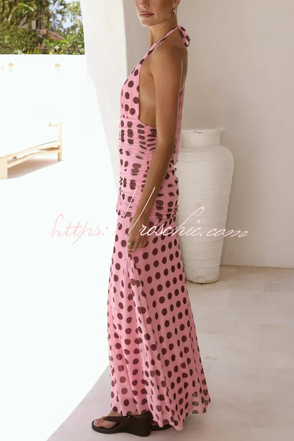 Polka Dot Print Halter Neck Tie Pleated Slim-fit Maxi Dress