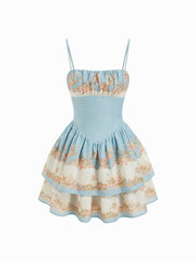Square Neck Floral Tiered Flared Mini Cami Dress
