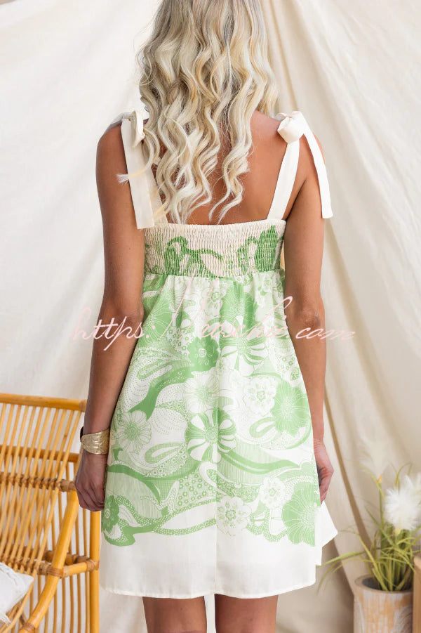 Unique Print Square Neck Spaghetti Strap Tie Full Hem Mini Dress