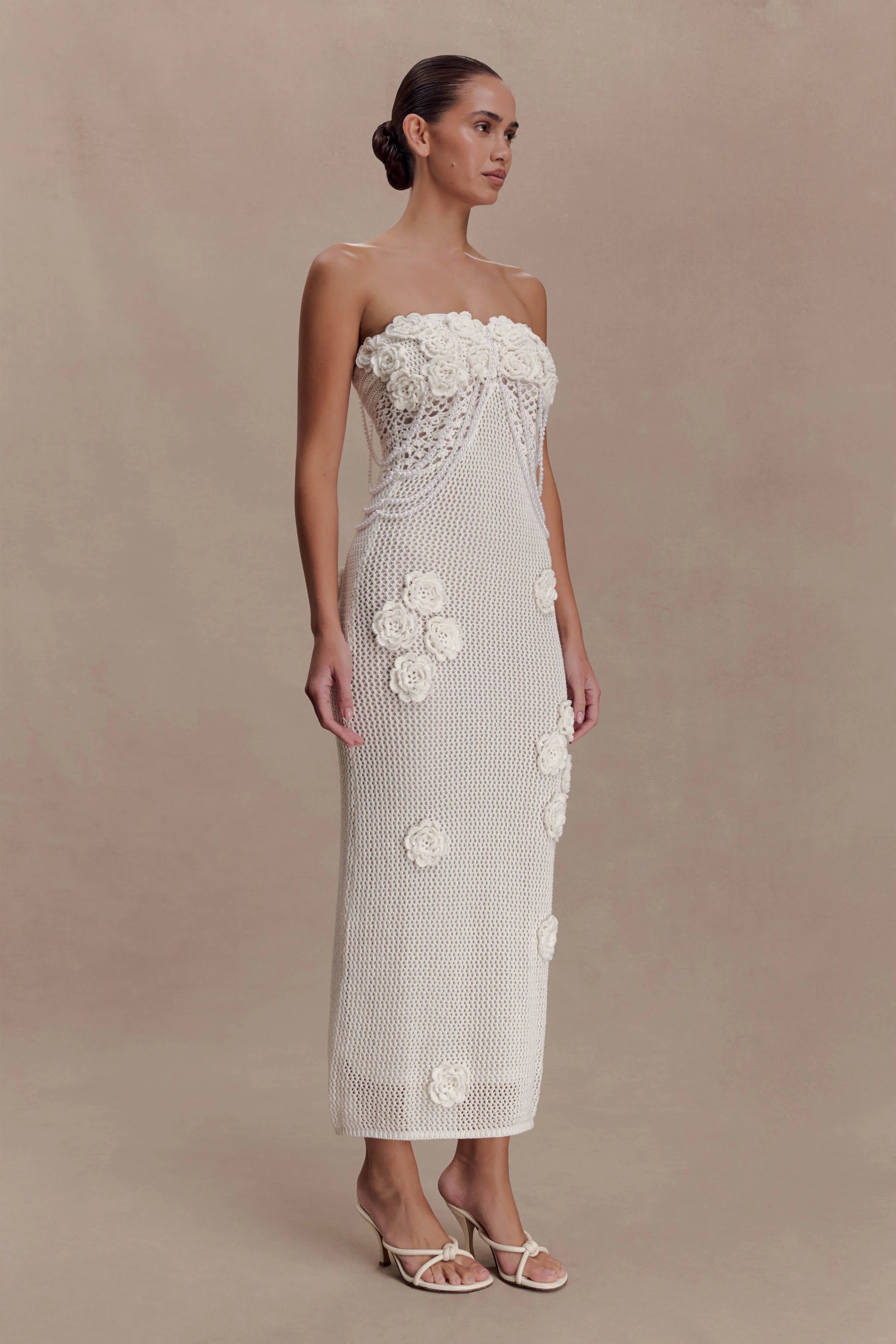 Samantha Crochet Midi Dress With Flowers - Ivory