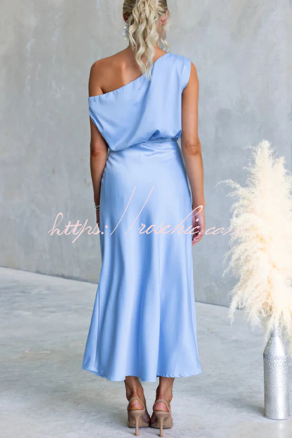 Solid Color One-shoulder Sleeveless Belted Casual Maxi Dress