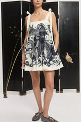 Unique Print Square Neck Spaghetti Strap Tie Full Hem Mini Dress
