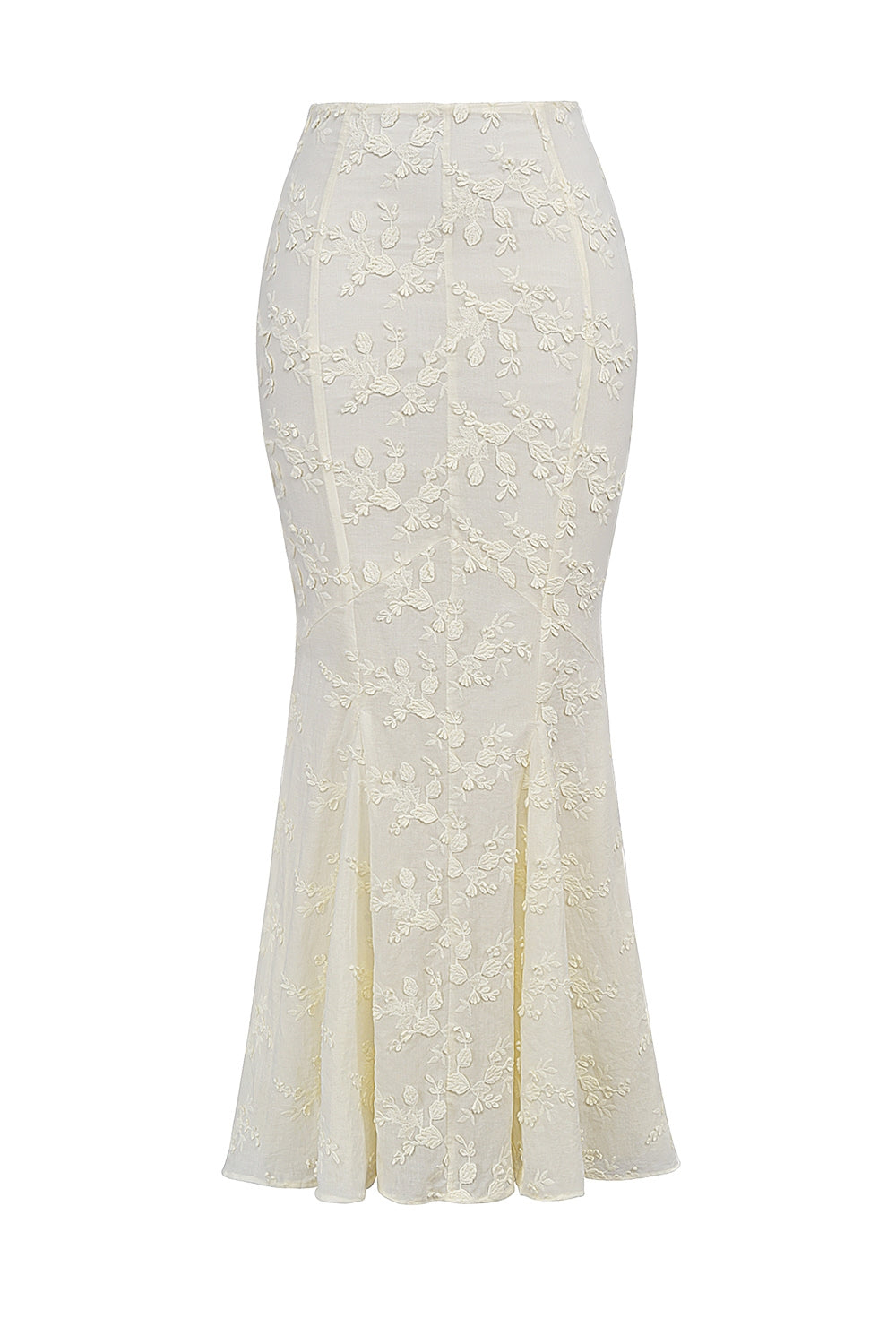 Veronica-Vintage Ivory Embroidered Godet Maxi Skirt