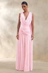 Amelisse | Light Pink Plunge-Neck Maxi Dress With Ruched-Detailing