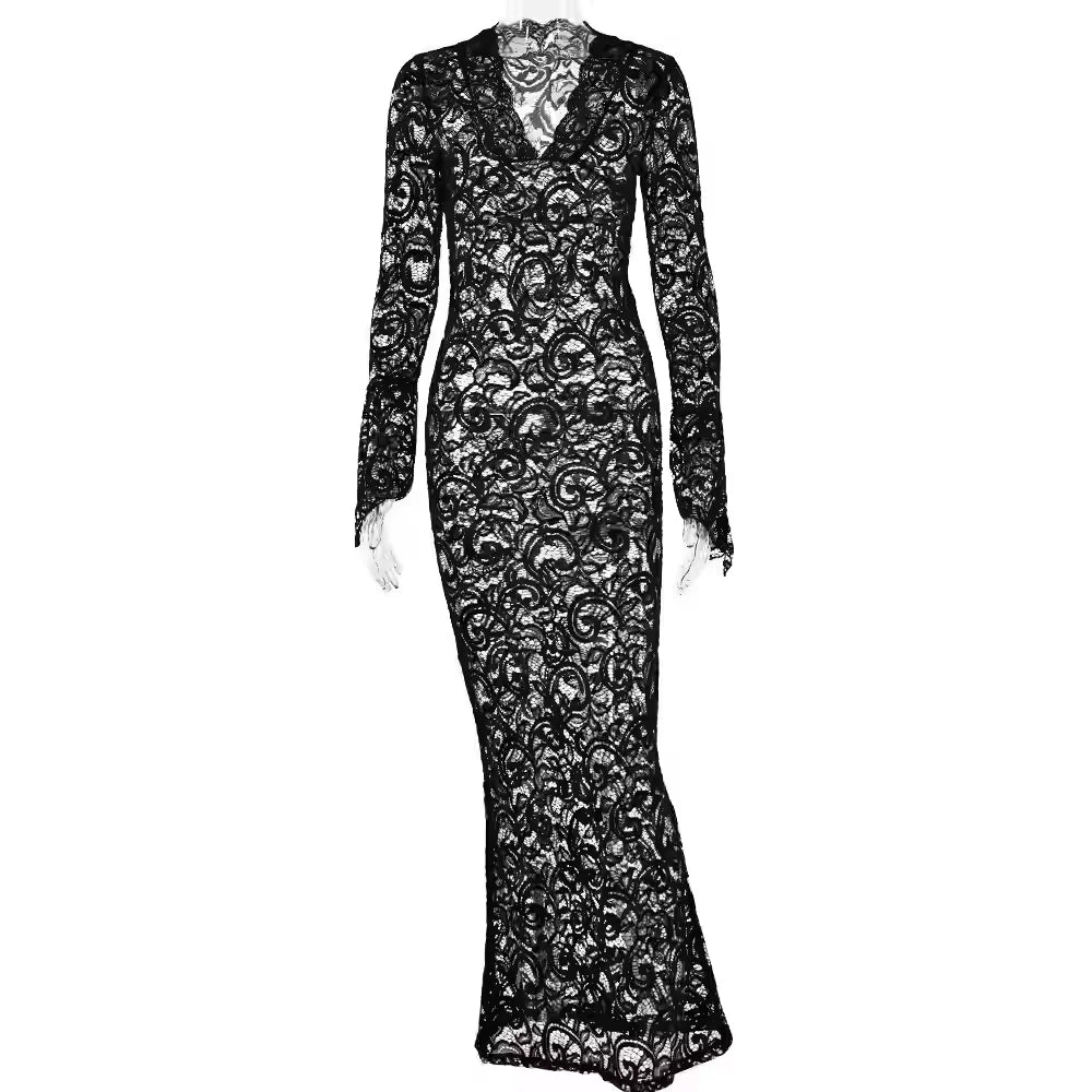 Elegant Lace See Through V-neck Maxi Sexy Dress,White Prom Dress  Y4608