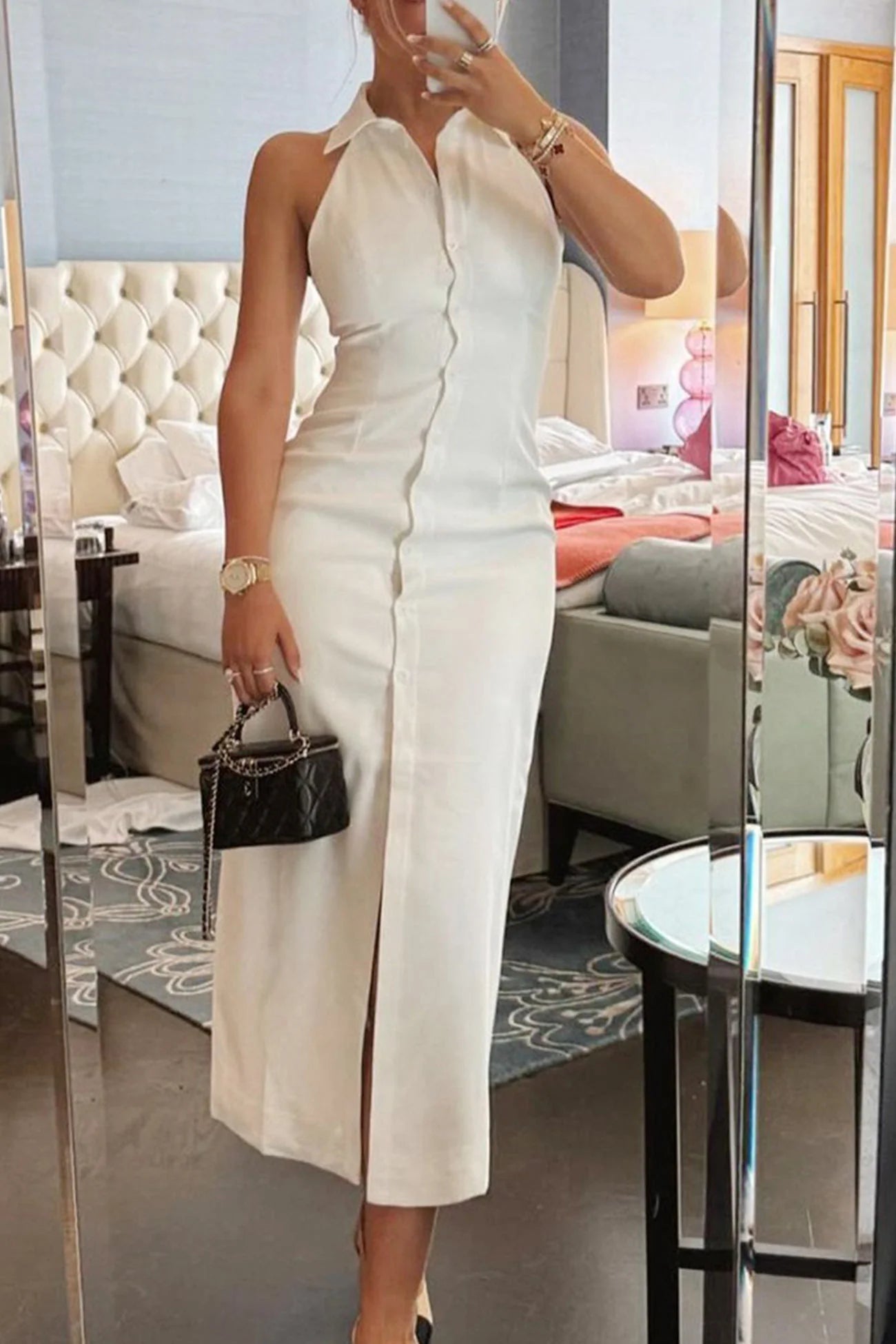 Lapel Sleeveless Single-breasted Midi Dress