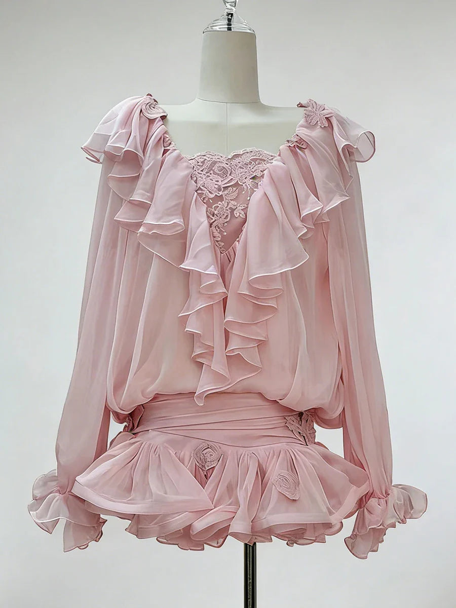 Ruffles Long Sleeve Mesh Mini Dress