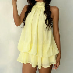 Tiered Ruffle Open Back Tie Detail Halter Mini Dress