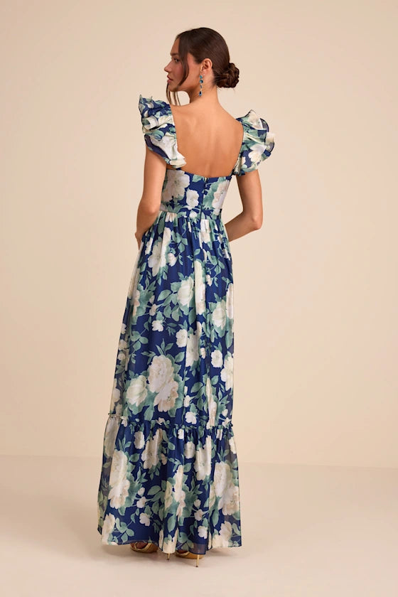 Soiree Perfection Navy Floral Ruffled Tiered Maxi Dress
