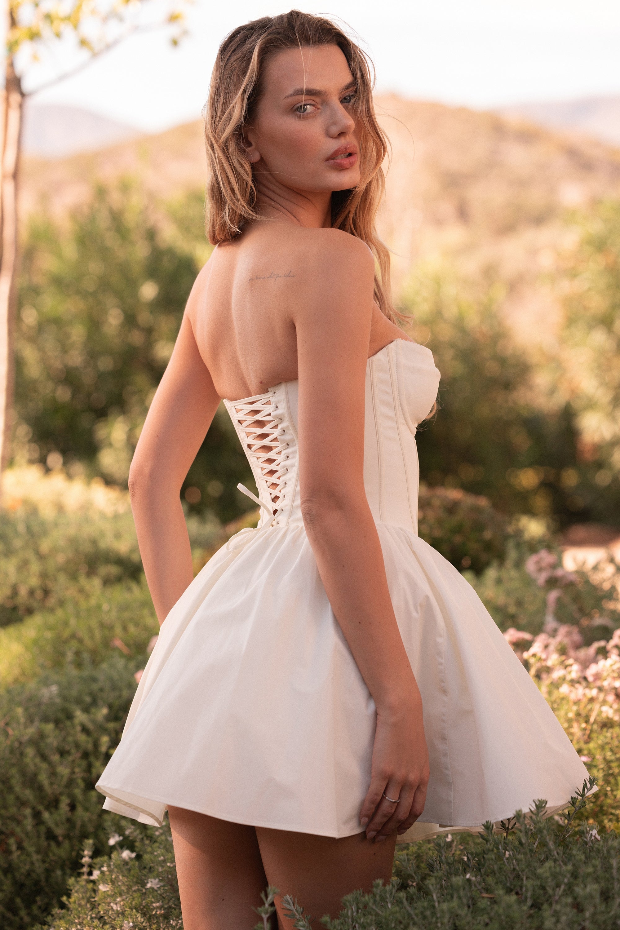 Kristiana-Ivory Cotton Strapless Corset Mini Dress