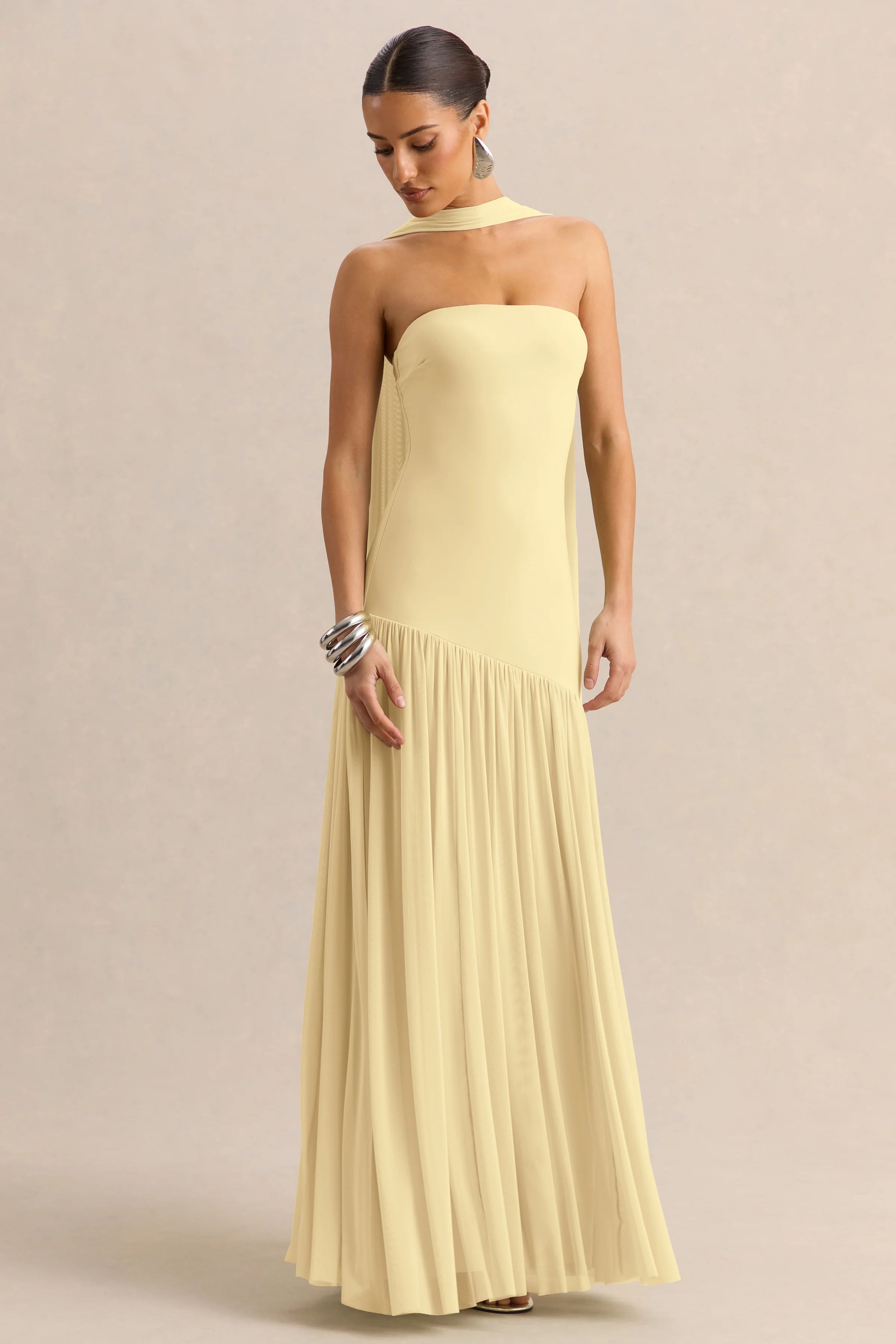 Bambi | Lemon Bandeau-Neck Maxi Dress With Scarf-Detail