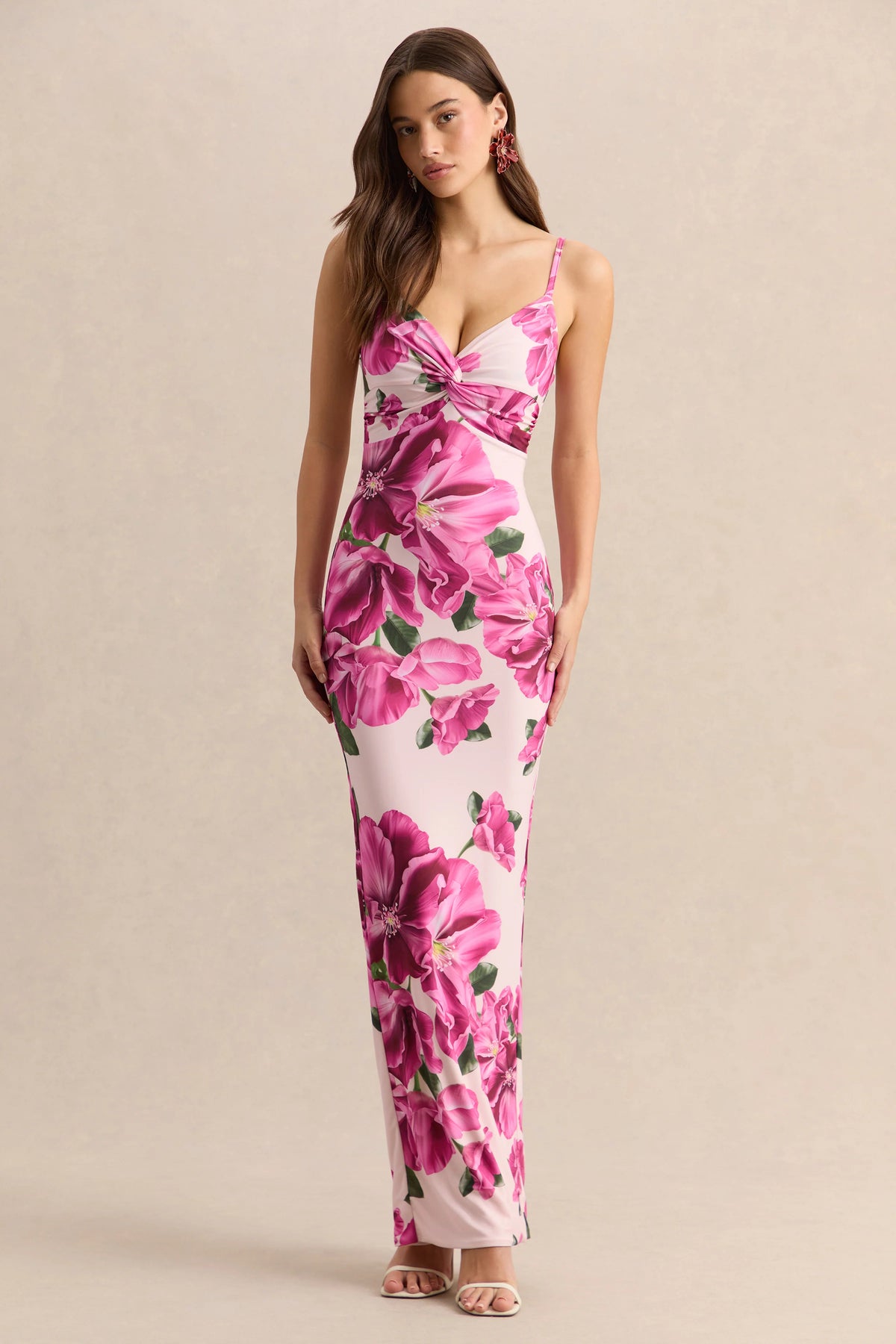 Luz | Pink Hibiscus Floral Print Strappy Maxi Dress