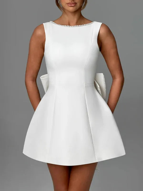 Pearl Bow Slim Backless A-Line Short Dress
