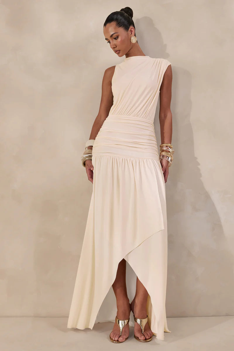Cream High-Neck Maxi Dress Gathered-Detailing