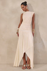 Cream High-Neck Maxi Dress Gathered-Detailing