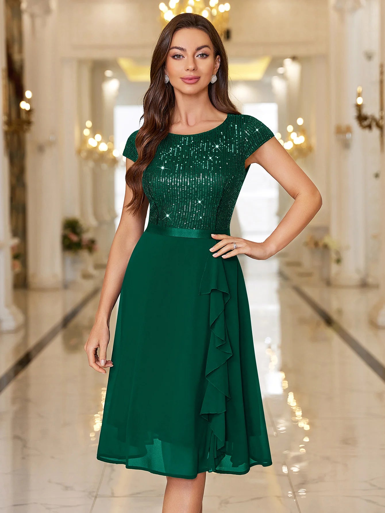Sequin Lace Ruffle Trim Chiffon Cocktail Party Swing Dress for Weddings, Proms & Formal Events