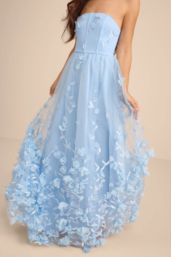 Lynly Light Blue 3D Floral Applique Tulle Maxi Dress