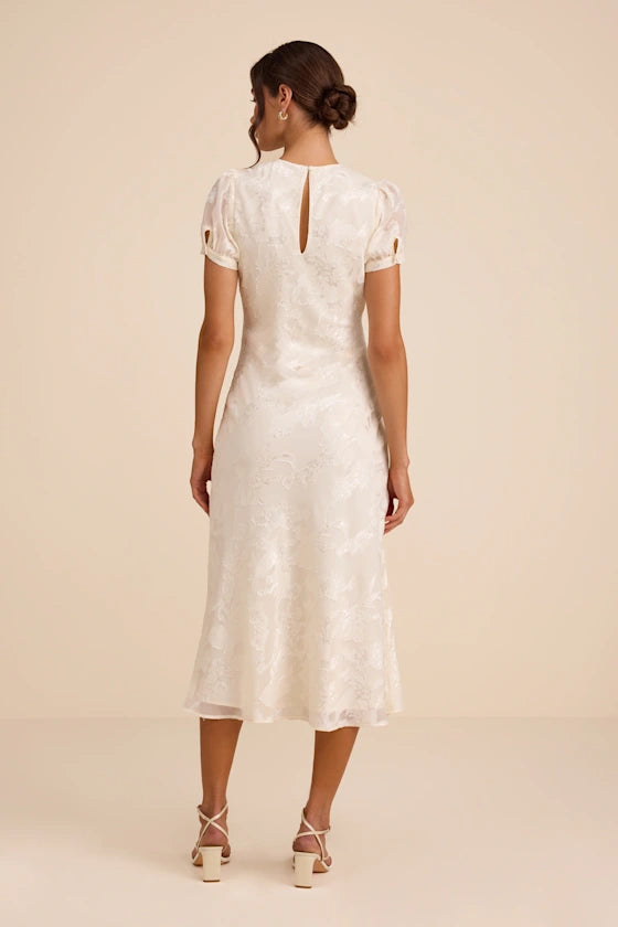 Bridget Ivory Floral Jacquard Puff Sleeve Midi Dress