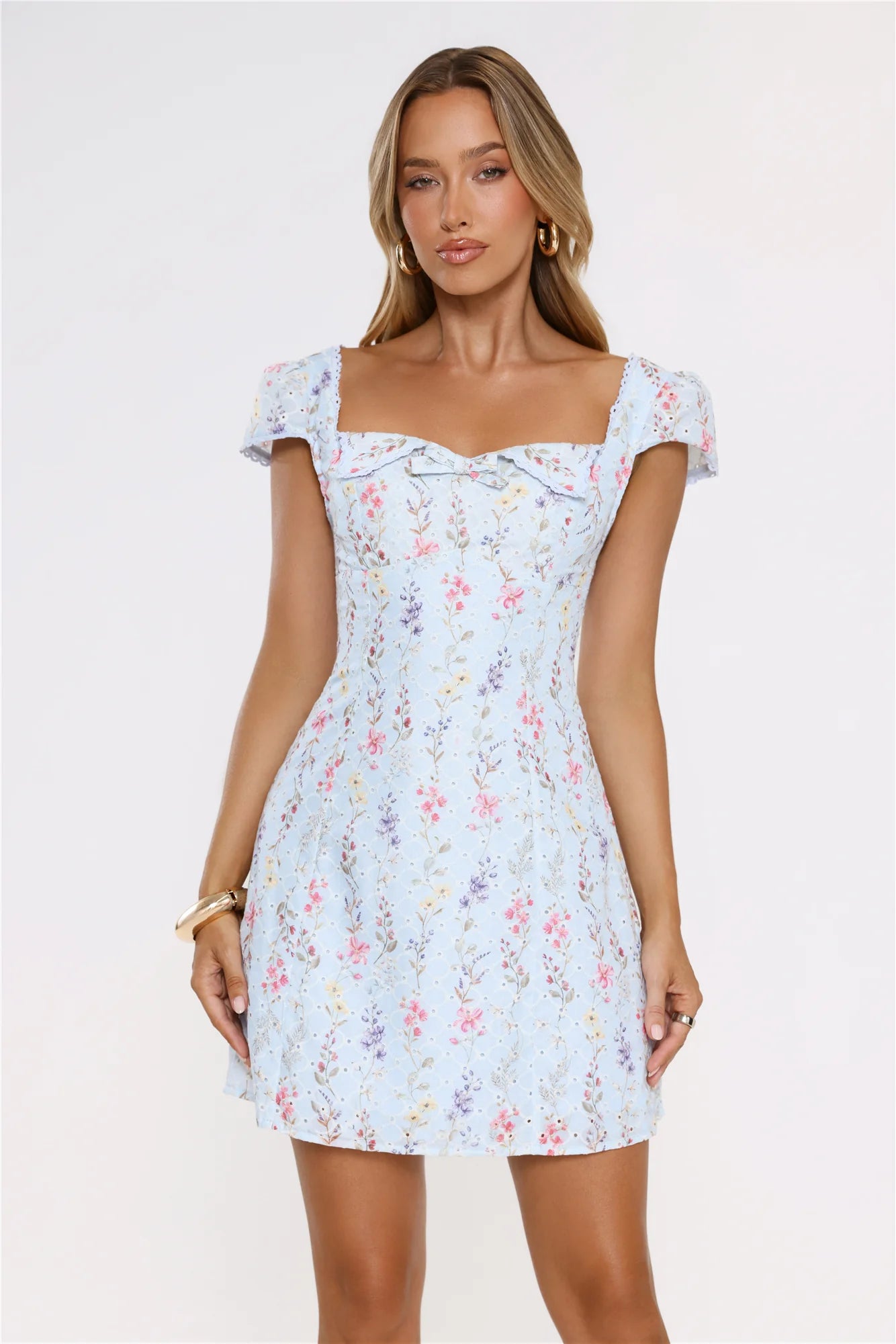 Too Cute To Care Embroidered Mini Dress Blue