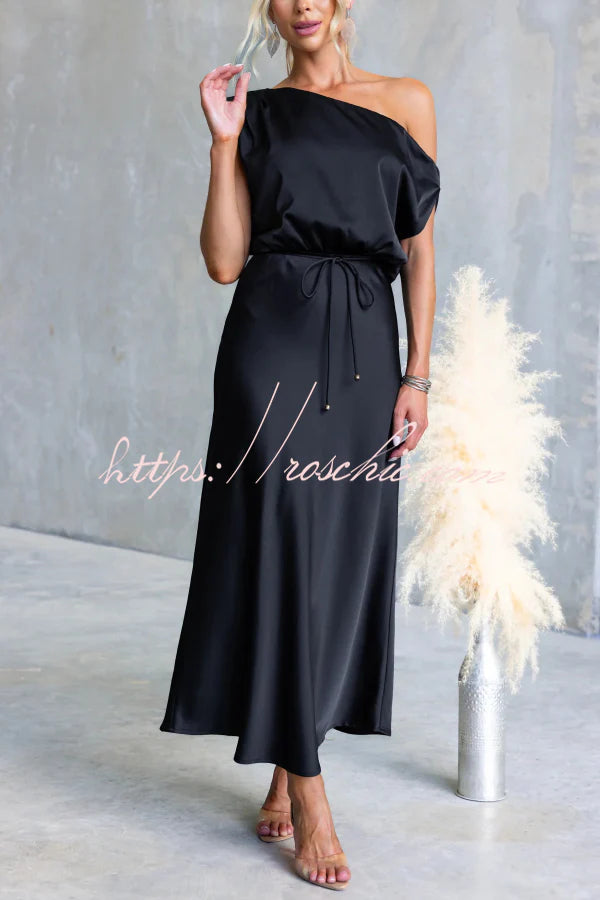 Solid Color One-shoulder Sleeveless Belted Casual Maxi Dress