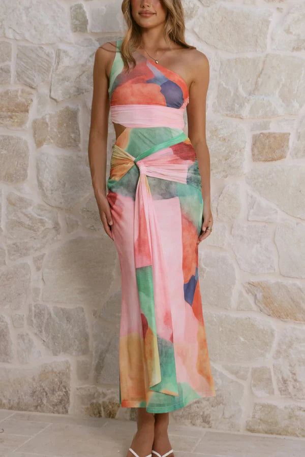 Unique Printed One-Shoulder Cutout Fitted Lace-Up Maxi Dress