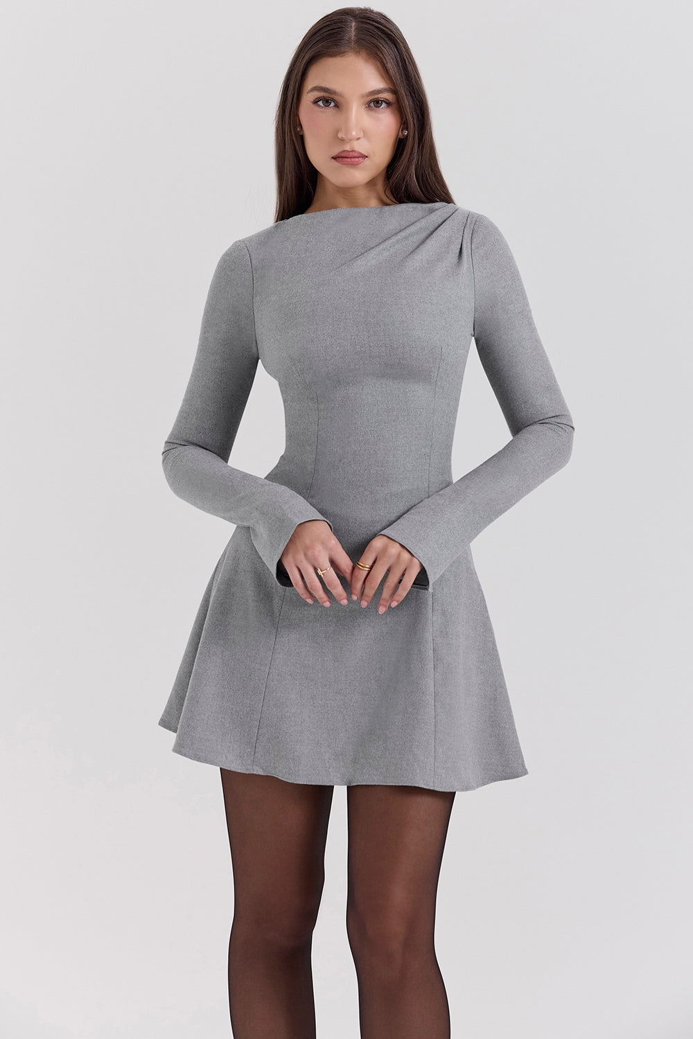 Angelique-Grey A-Line Long Sleeve Mini  Dress - SALE