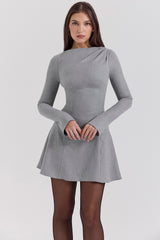 Angelique-Grey A-Line Long Sleeve Mini  Dress - SALE