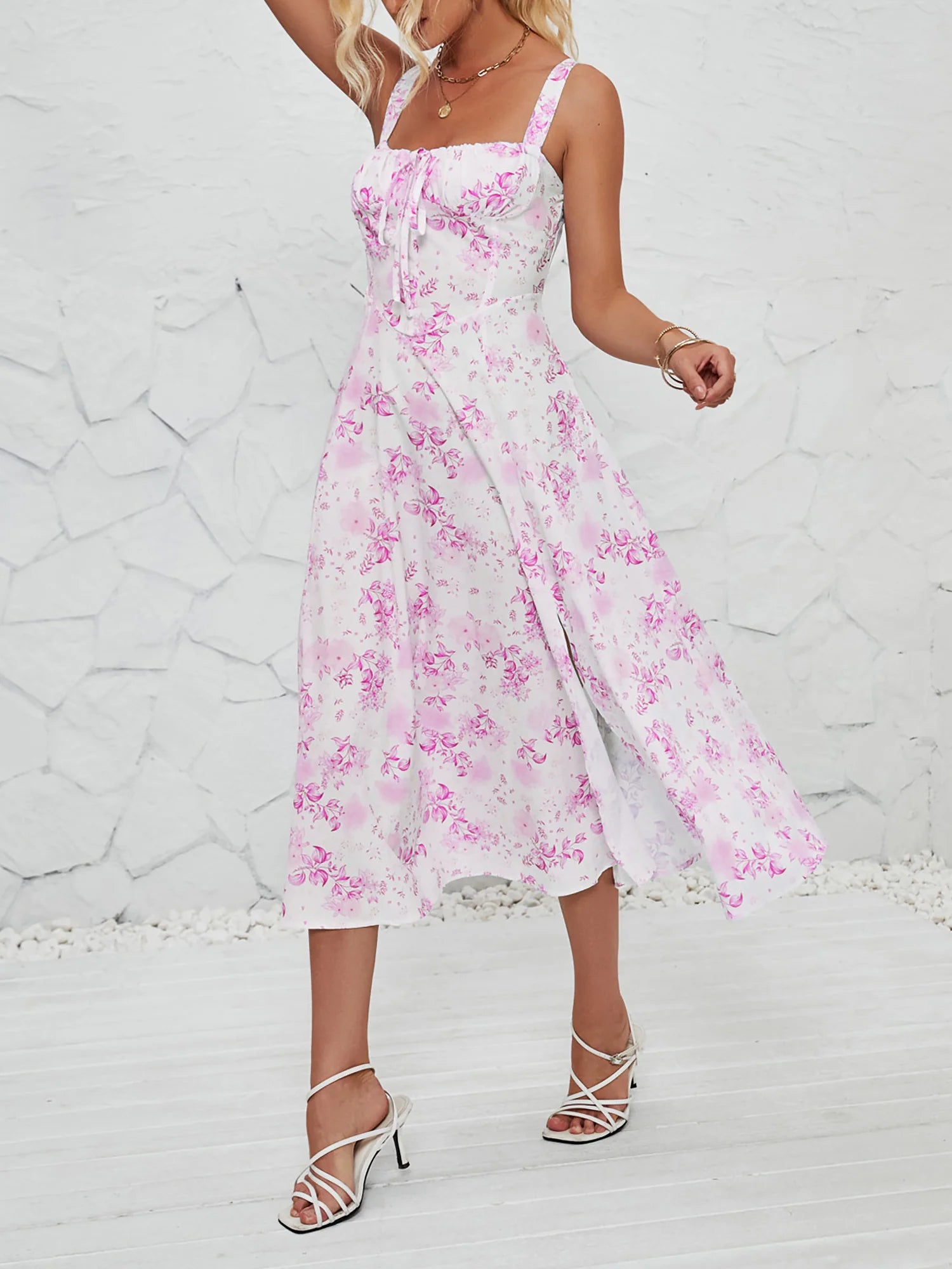 Floral Sleeveless Lace-Up Side Slit Dress Sundress