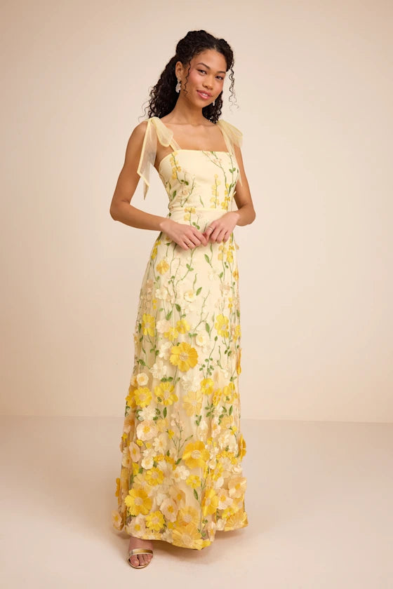 Thriving Poise Yellow 3D Floral Embroidered Tie-Strap Maxi Dress