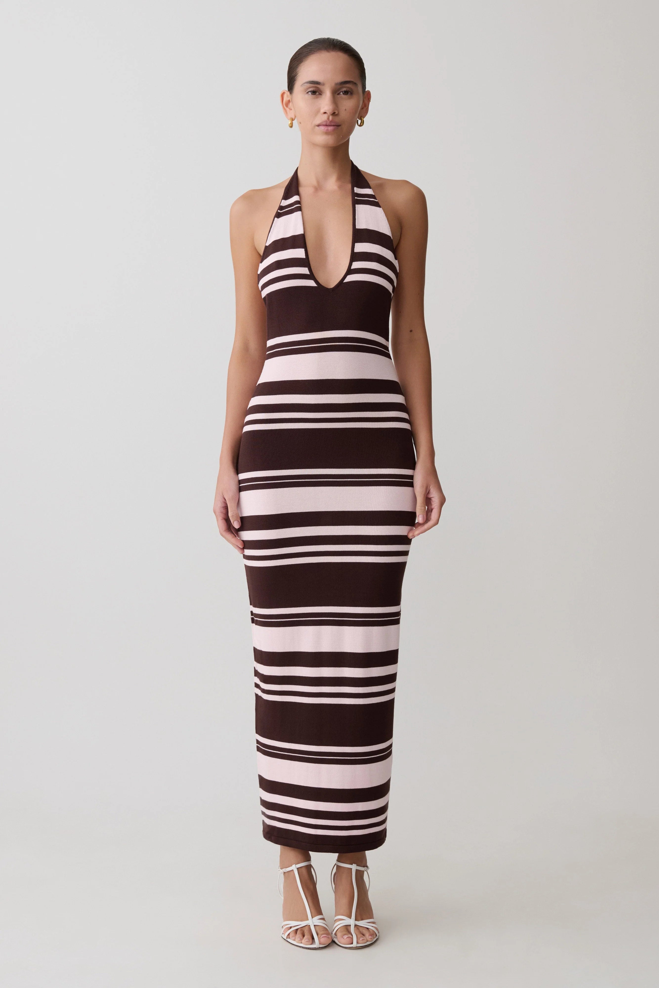 Brienne Stripe Midi Dress - Pink/Chocolate