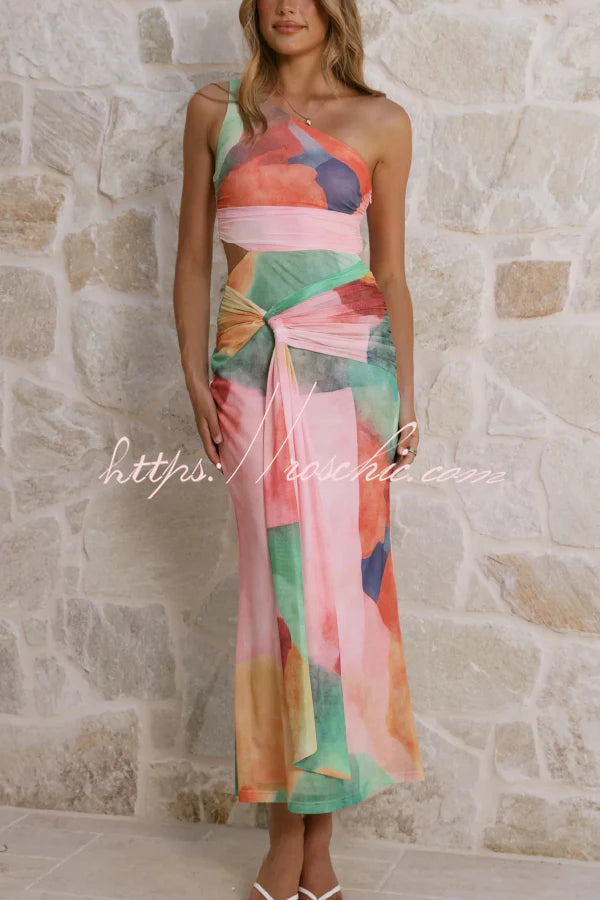 Unique Printed One-Shoulder Cutout Fitted Lace-Up Maxi Dress