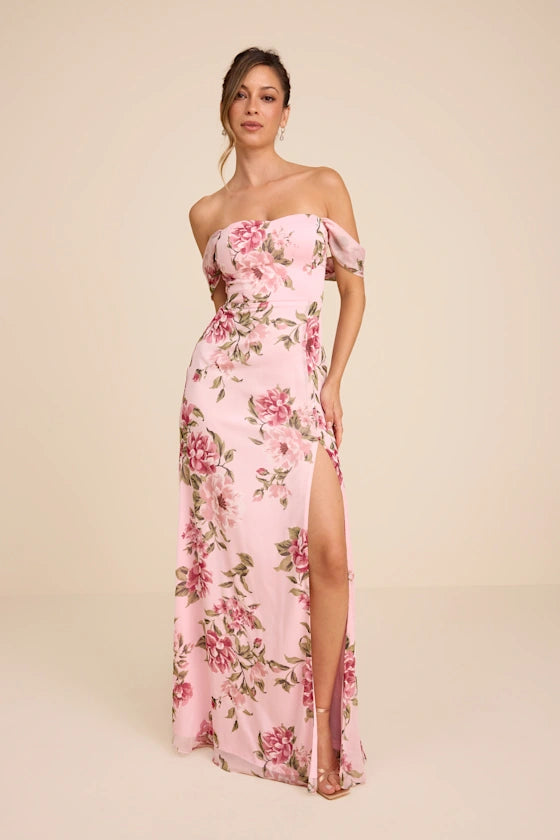 Magical Magnetism Light Pink Floral Off-the-Shoulder Maxi Dress