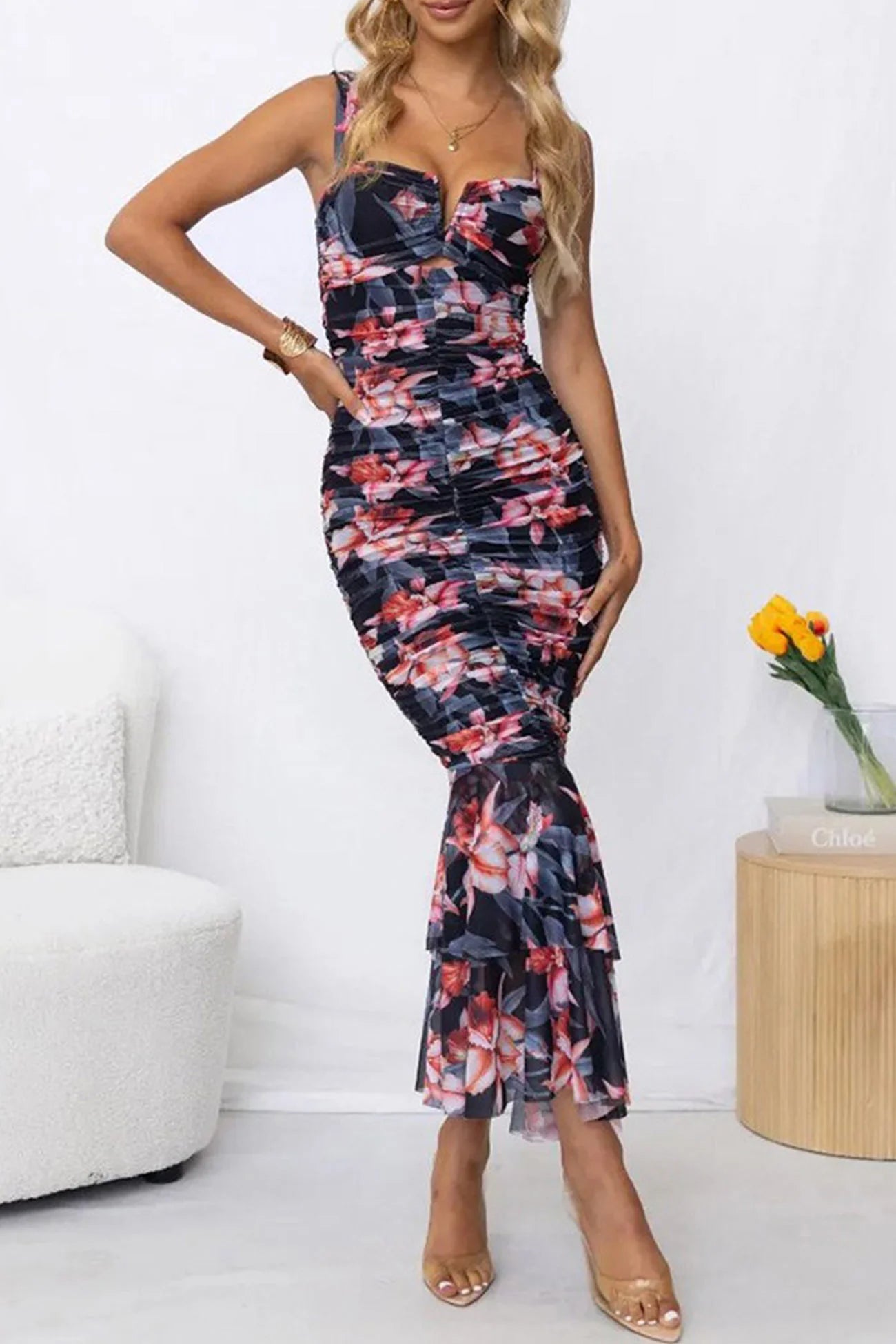 Floral Print Ruched Fishtail Dress