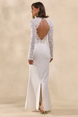 Yarrow | White Lace High-Neck Maxi-Dress With Open-Back