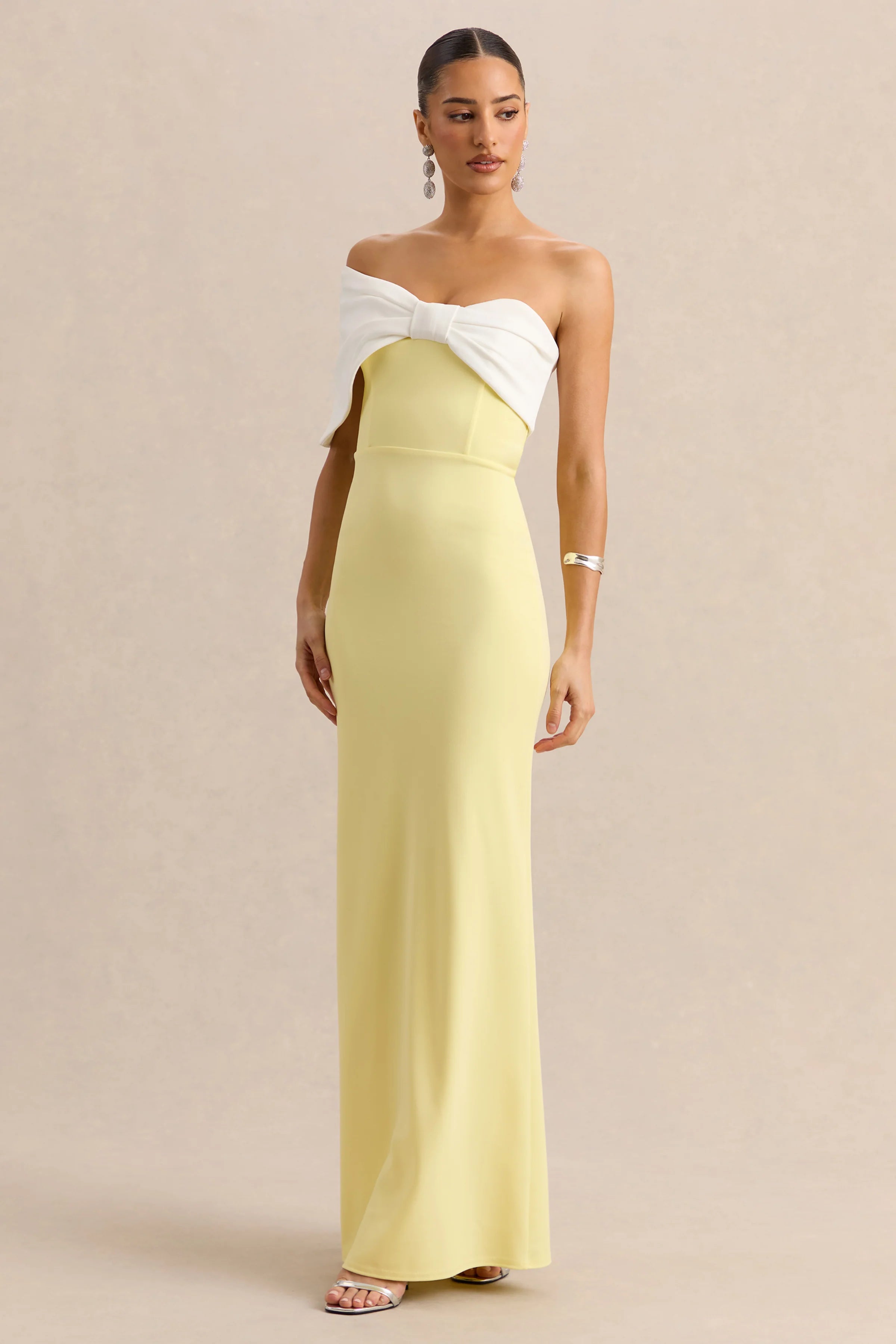 Agatha | Lemon & White Bow Bardot-Neck Maxi Dress