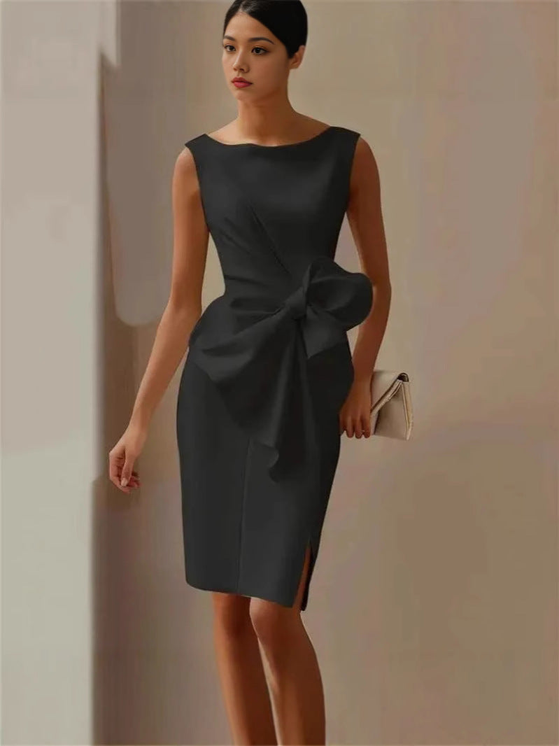 Solid Color Bow Decoration Round Neck Sleeveless Knee-Length Mini Dress