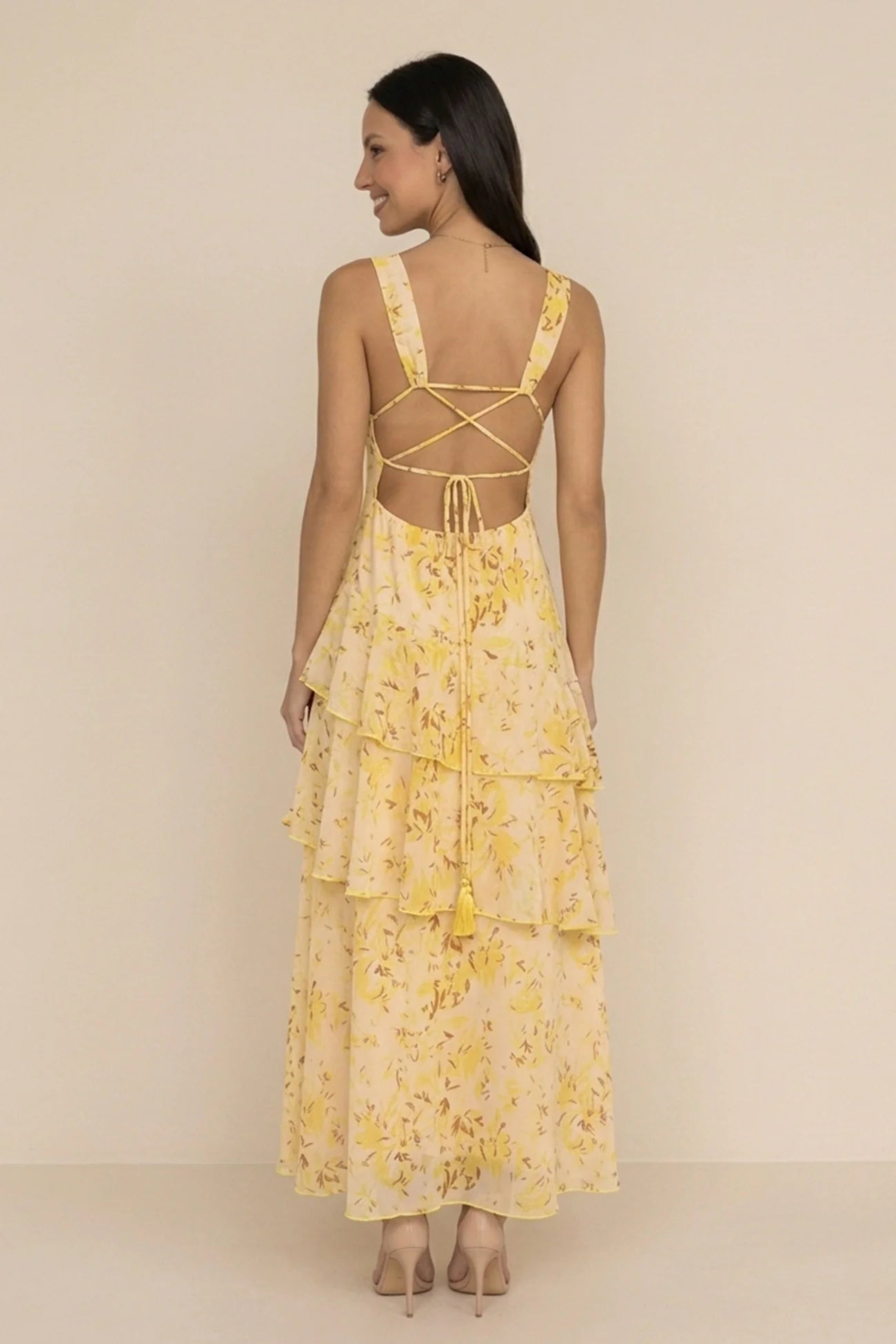 Floral Print Tie-up Back Chiffon Tiered Dress