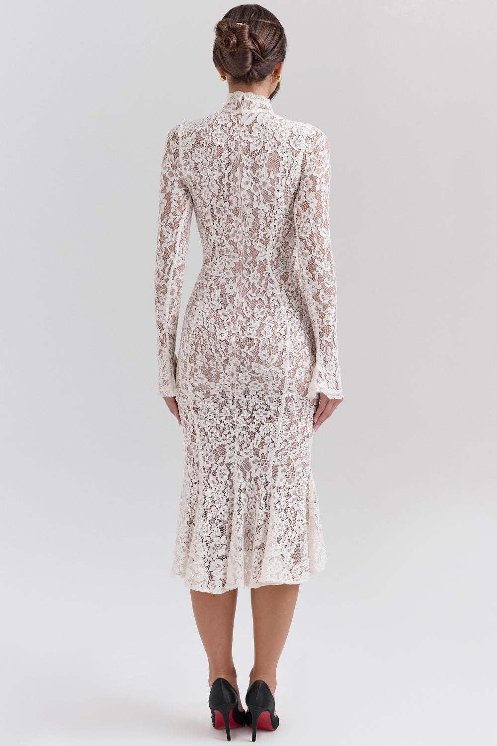 Sophia-Vintage Ivory Lace Fitted Midi Dress