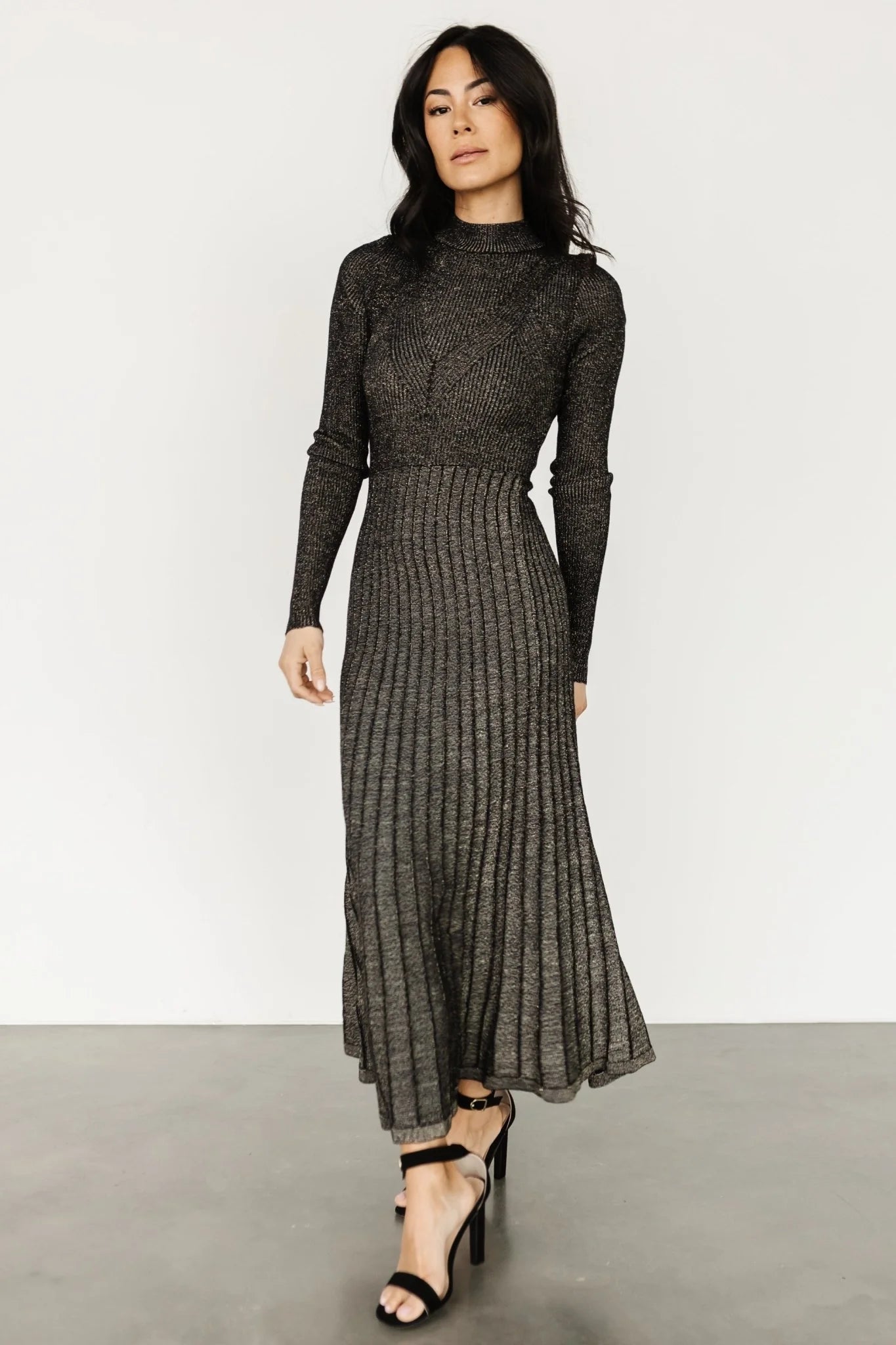 Jamelia Pleated Sweater Dress | Black + Gold