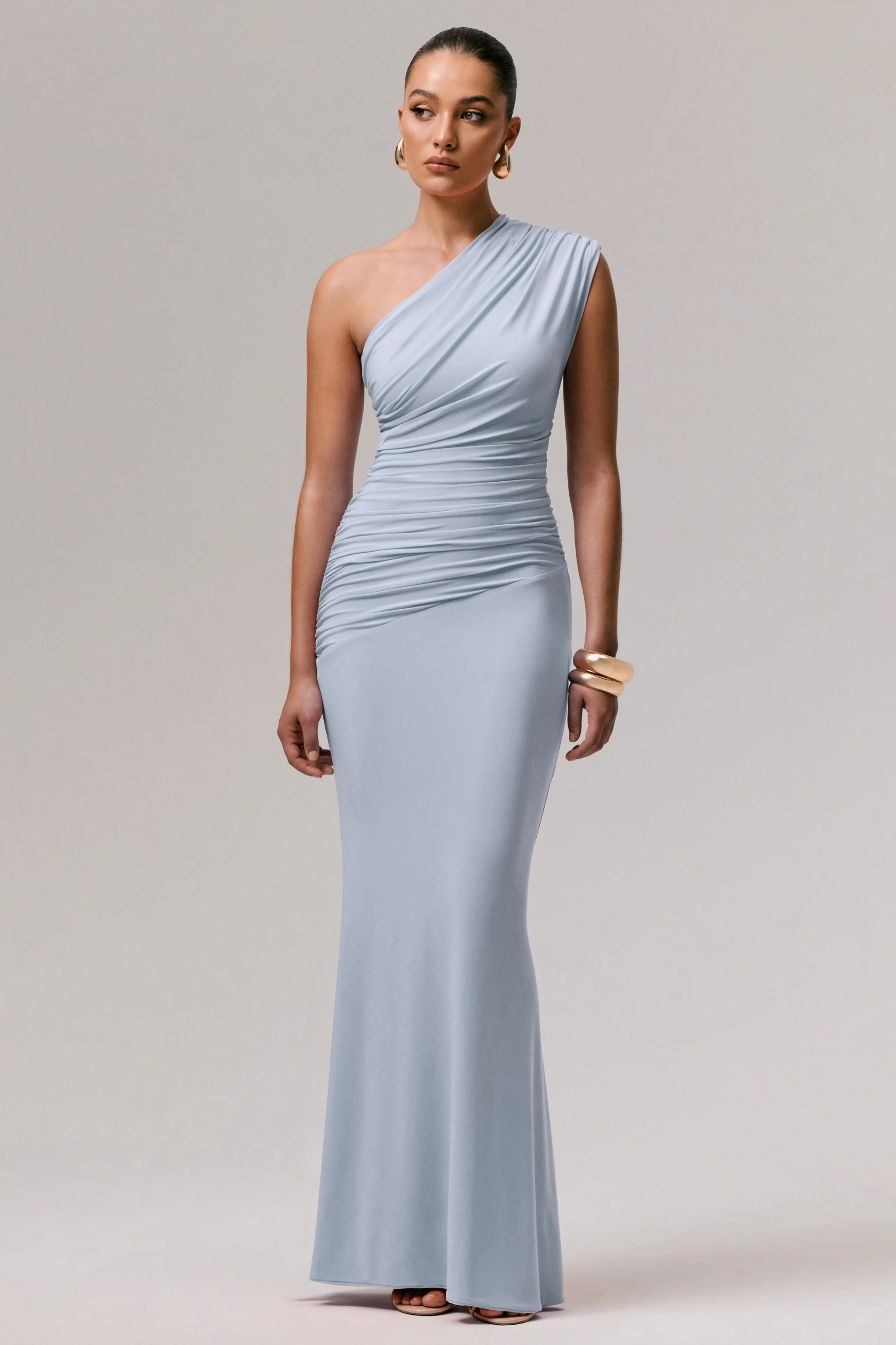 Mardi | Powder Blue Asymmetric Maxi Dress With Ruching