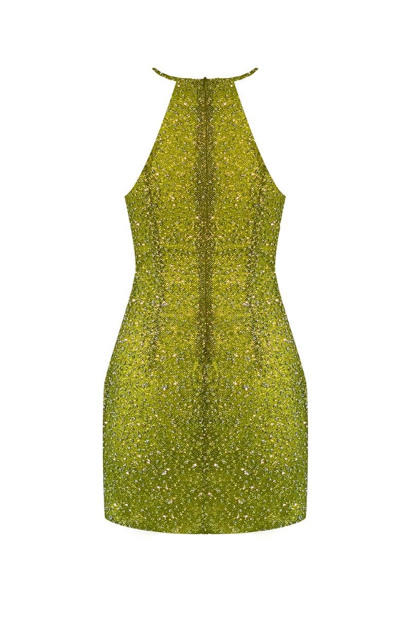 PARADISO GREEN HIGH-NECK MINI DRESS