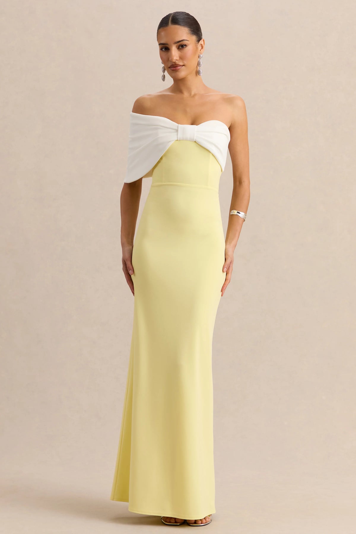 Agatha | Lemon & White Bow Bardot-Neck Maxi Dress