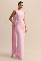 Premiere | Light Pink Boat-Neck Maxi Dress With Cape-Sleeves And Open-Back