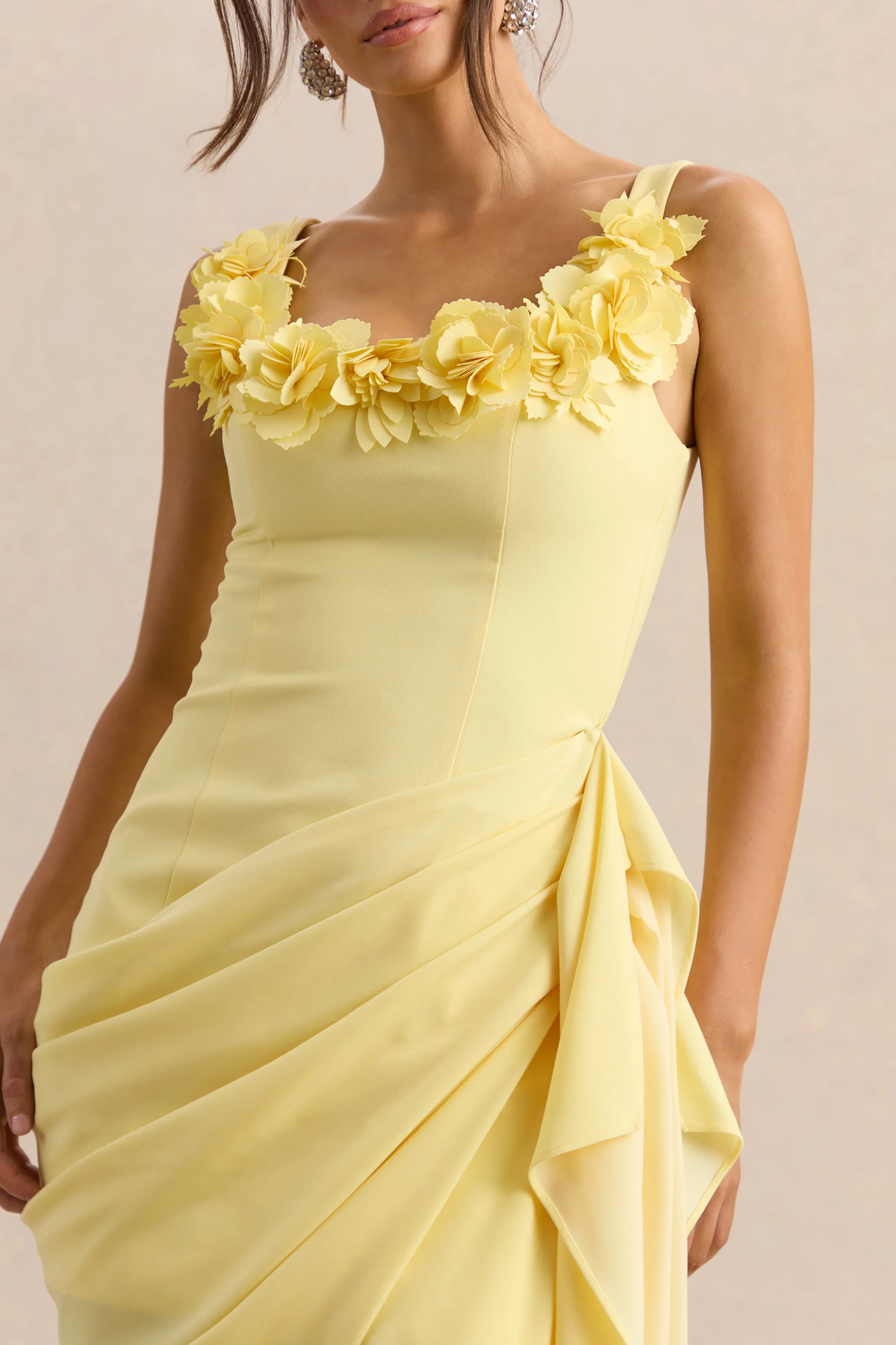 Letitia | Lemon Square-Neck Floral Detailed Wrap Midi Dress
