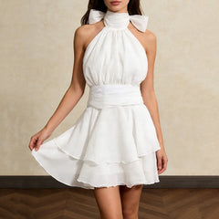 White Ruffles Turtleneck Mini Dress