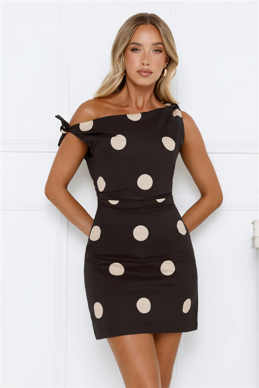 Sunset Spin Polka Dot Off Shoulder Mini Dress Black